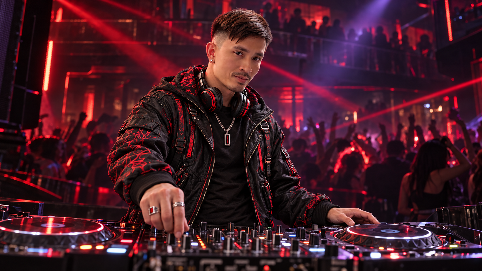 Jon Nguyen performing behind DJ decks with red and violet club lights